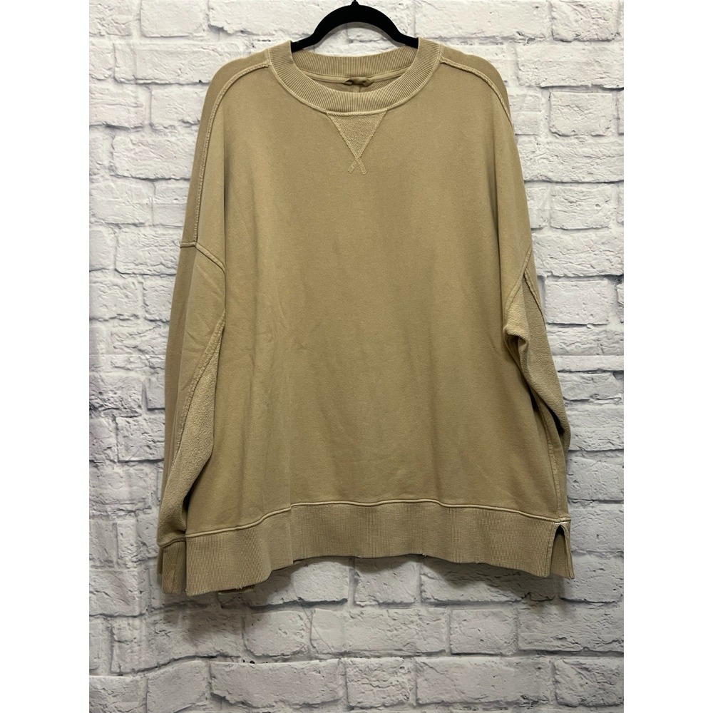 Aerie Big Chill Crew Sweatshirt Women's Large Tan Khaki Fleece Oversized Comfy - Picture 3 of 8